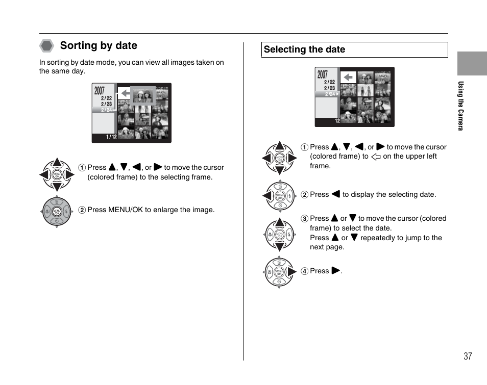 Sorting by date, Selecting the date | FujiFilm FinePix A800 User Manual | Page 37 / 164