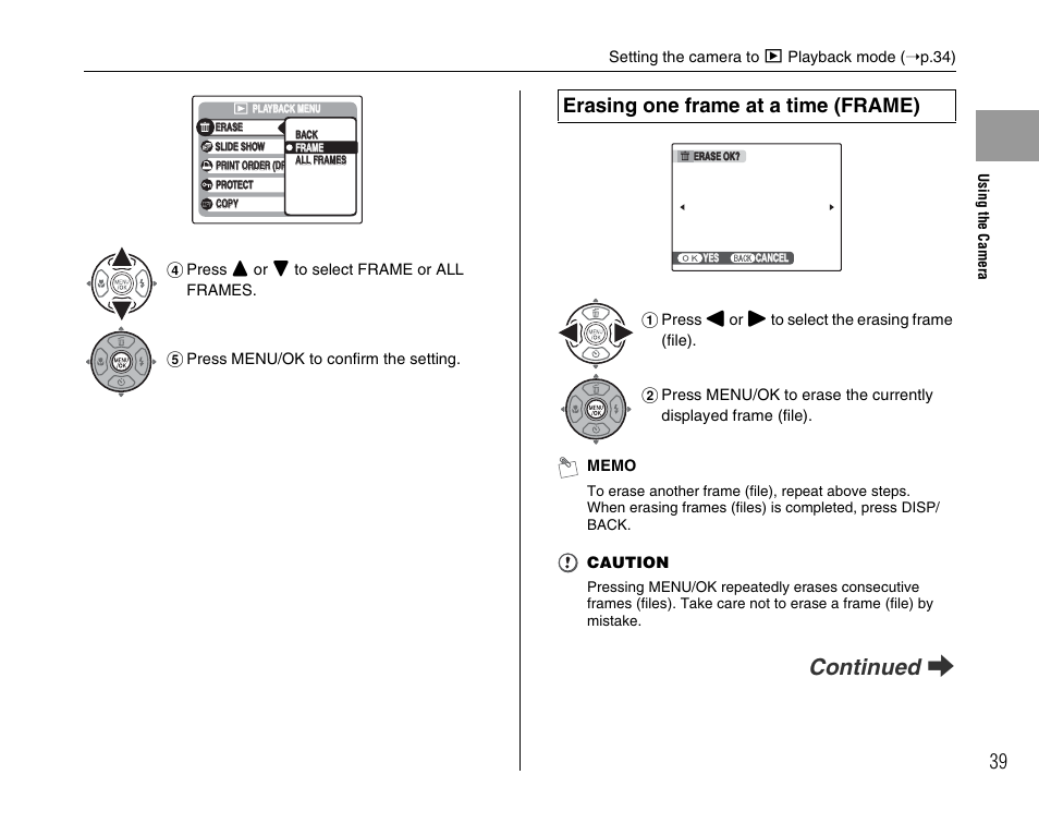 Continued q, Erasing one frame at a time (frame) | FujiFilm FinePix A800 User Manual | Page 39 / 164
