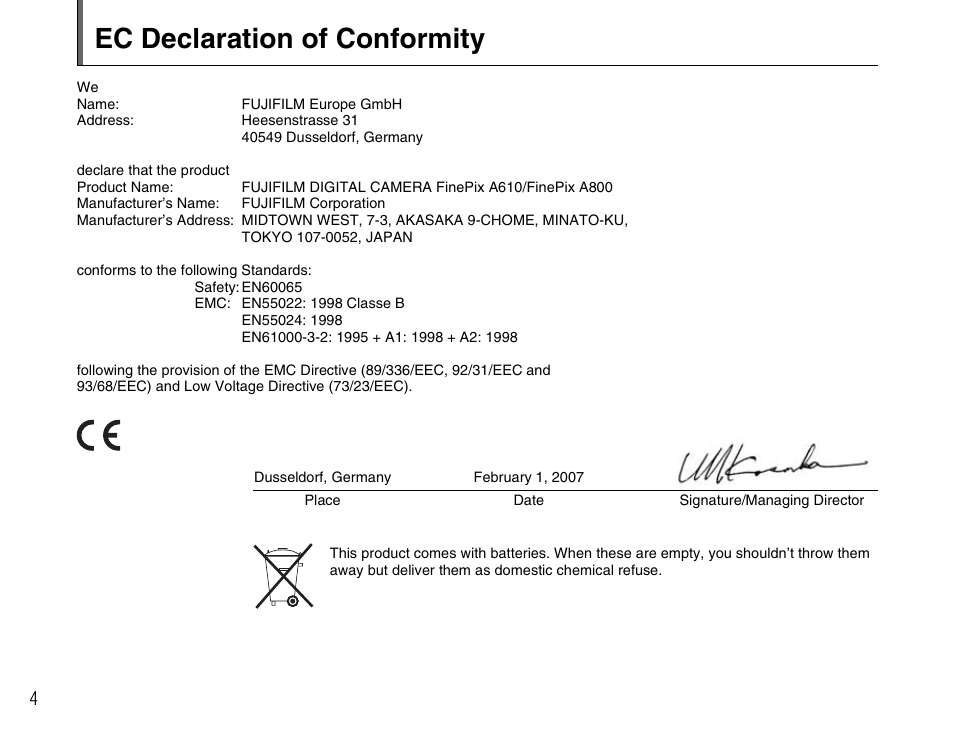 Ec declaration of conformity | FujiFilm FinePix A800 User Manual | Page 4 / 164