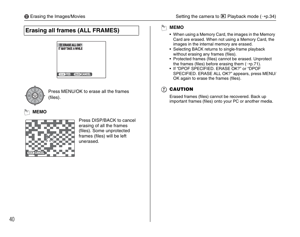 Erasing all frames (all frames) | FujiFilm FinePix A800 User Manual | Page 40 / 164
