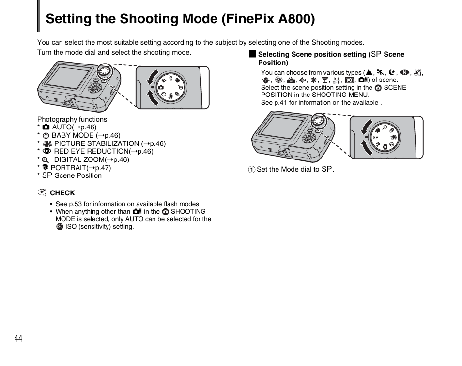 Setting the shooting mode (finepix a800) | FujiFilm FinePix A800 User Manual | Page 44 / 164