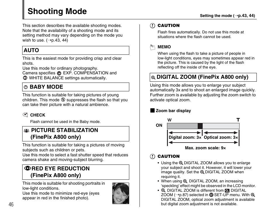 Shooting mode | FujiFilm FinePix A800 User Manual | Page 46 / 164
