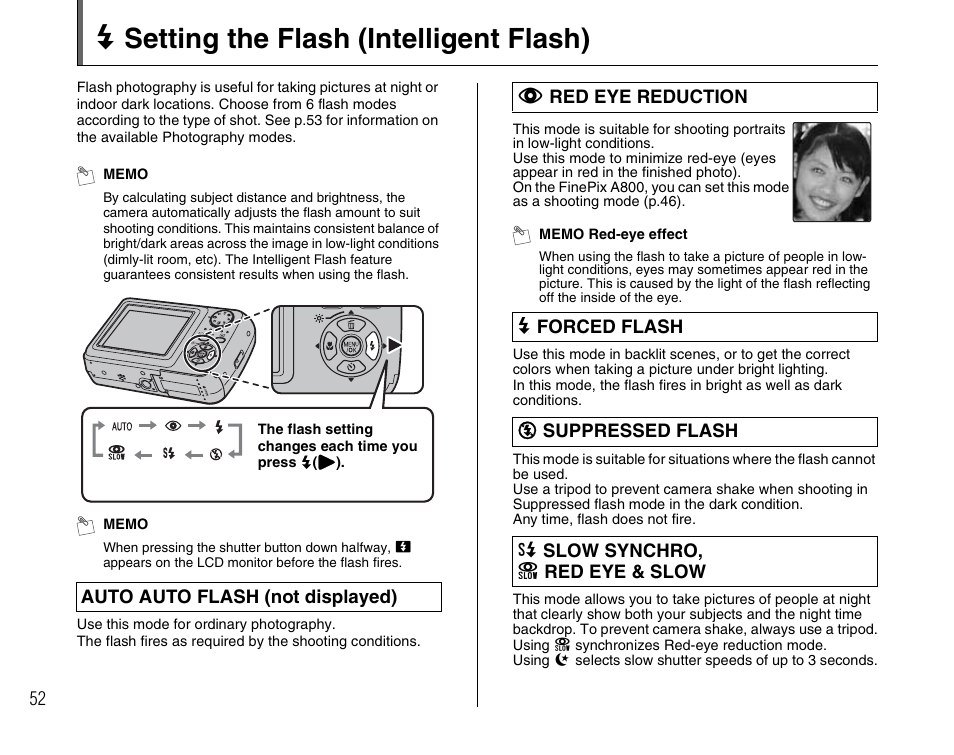 D setting the flash (intelligent flash) | FujiFilm FinePix A800 User Manual | Page 52 / 164