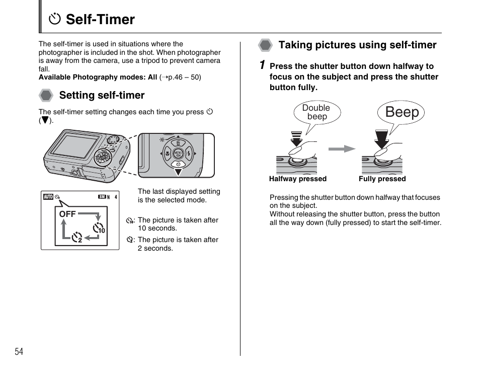 Beep, Self-timer, Setting self-timer | Taking pictures using self-timer | FujiFilm FinePix A800 User Manual | Page 54 / 164