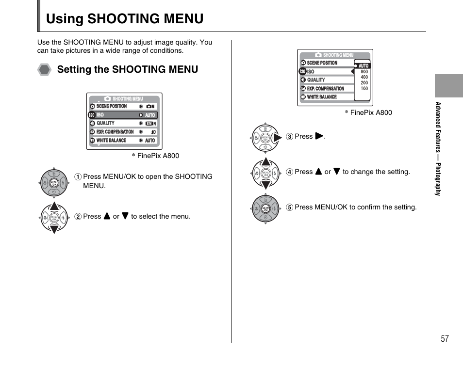 Using shooting menu, Setting the shooting menu | FujiFilm FinePix A800 User Manual | Page 57 / 164