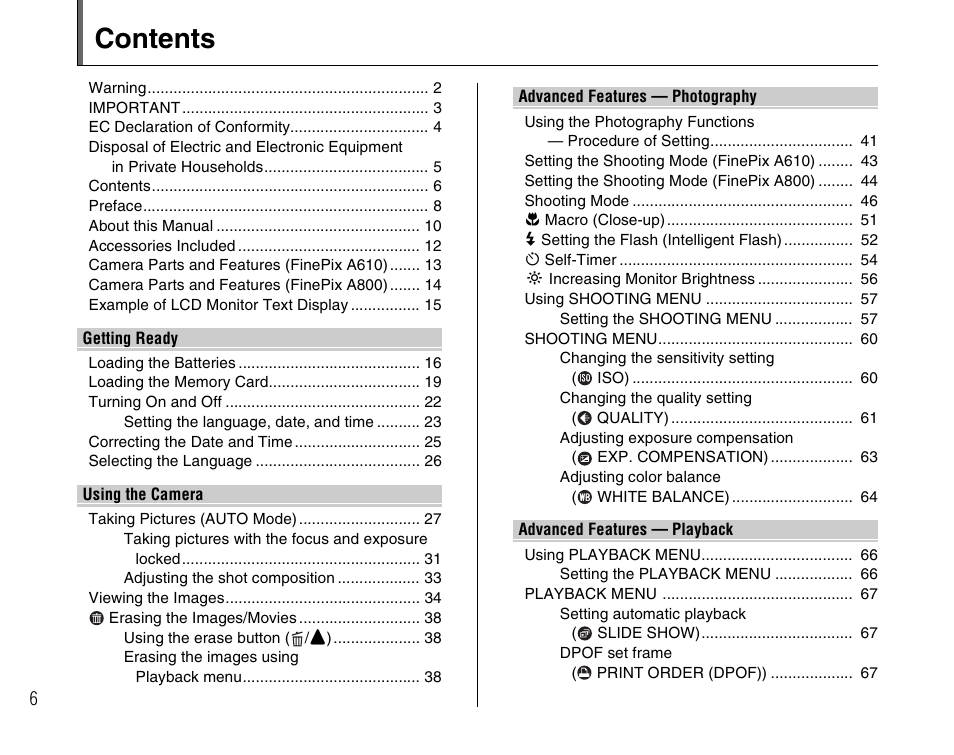 FujiFilm FinePix A800 User Manual | Page 6 / 164