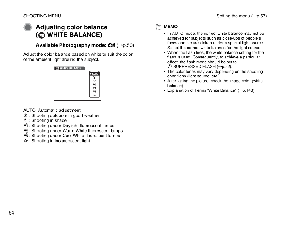 Adjusting color balance ( white balance) | FujiFilm FinePix A800 User Manual | Page 64 / 164