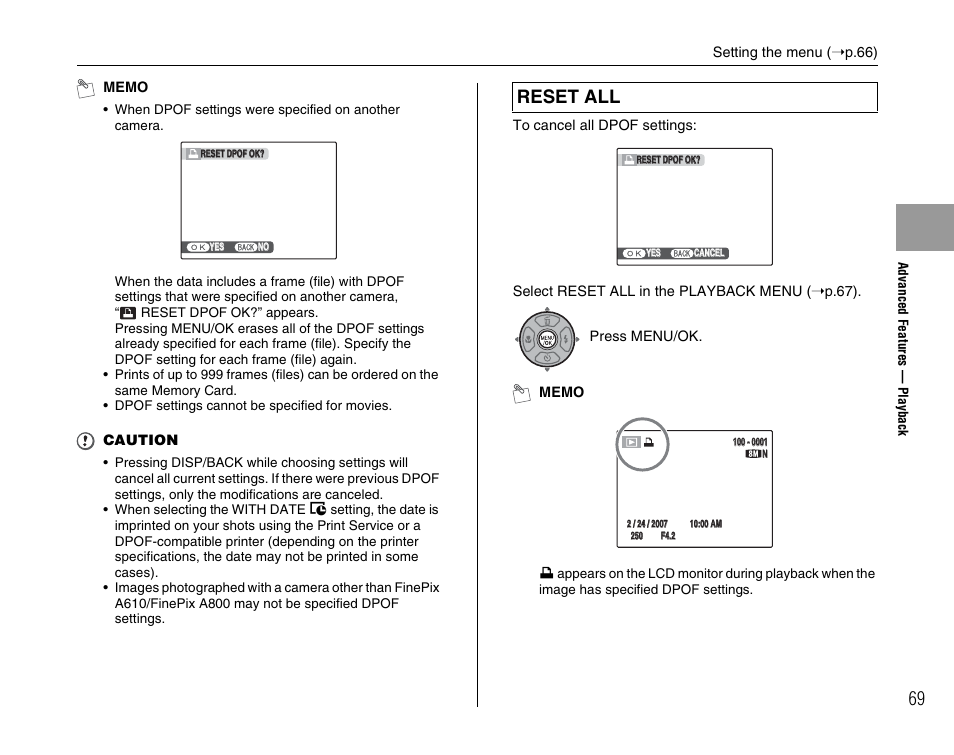 Reset all | FujiFilm FinePix A800 User Manual | Page 69 / 164