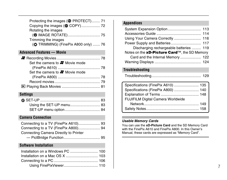 FujiFilm FinePix A800 User Manual | Page 7 / 164