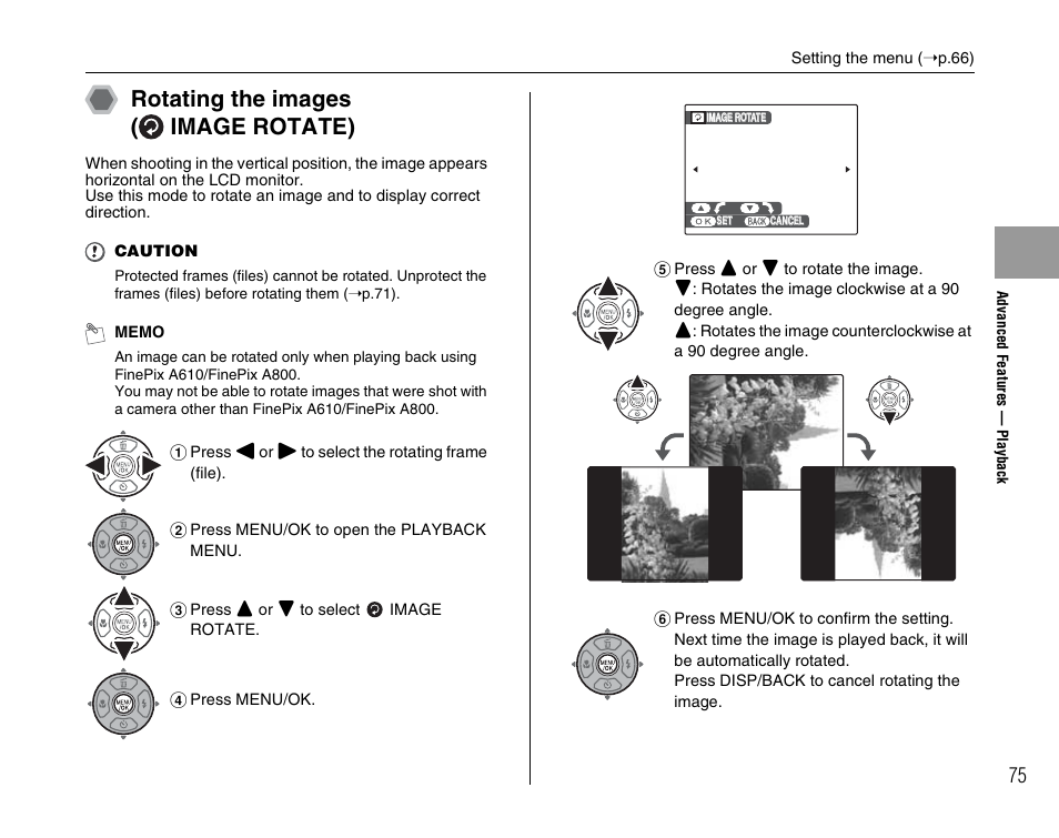 Rotating the images ( image rotate) | FujiFilm FinePix A800 User Manual | Page 75 / 164
