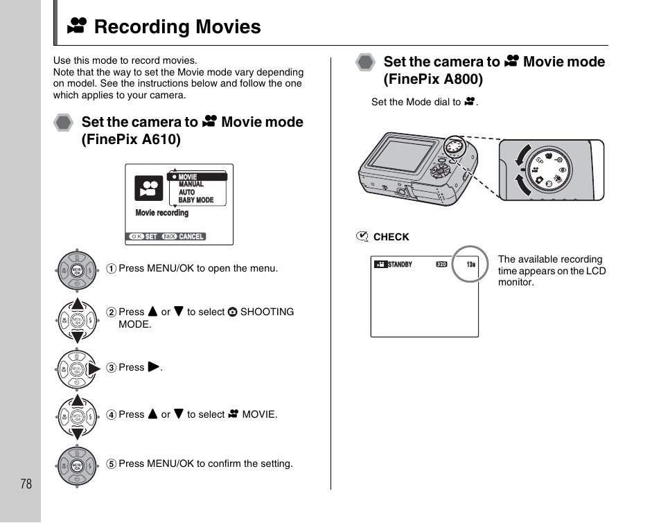 R recording movies | FujiFilm FinePix A800 User Manual | Page 78 / 164