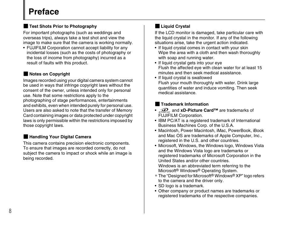 Preface | FujiFilm FinePix A800 User Manual | Page 8 / 164