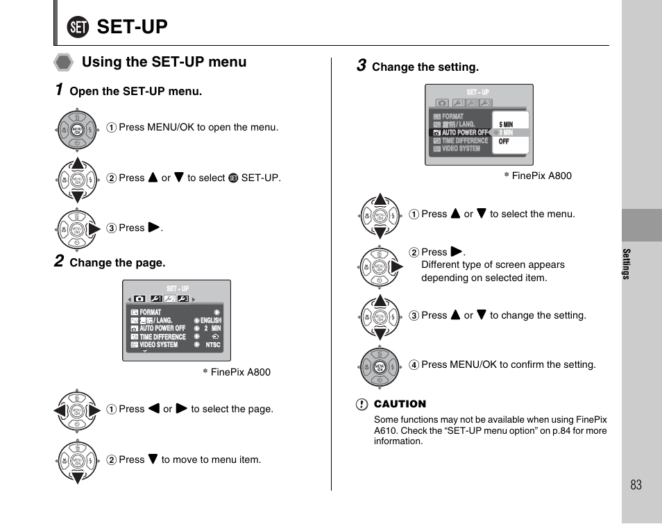 Set-up, Using the set-up menu | FujiFilm FinePix A800 User Manual | Page 83 / 164