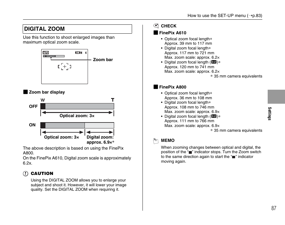Digital zoom | FujiFilm FinePix A800 User Manual | Page 87 / 164