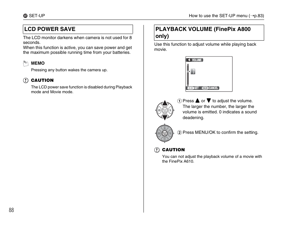 Lcd power save playback volume (finepix a800 only) | FujiFilm FinePix A800 User Manual | Page 88 / 164