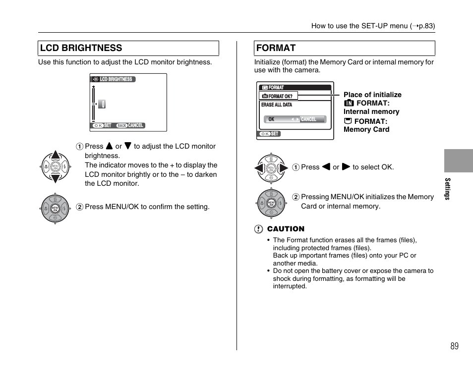 Lcd brightness, Format | FujiFilm FinePix A800 User Manual | Page 89 / 164