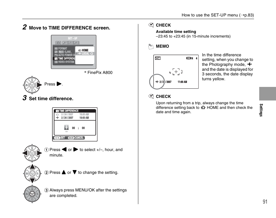 Move to time difference screen, Set time difference | FujiFilm FinePix A800 User Manual | Page 91 / 164