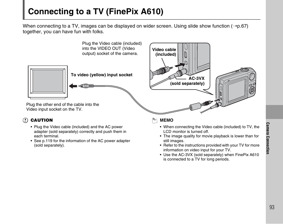 Connecting to a tv (finepix a610) | FujiFilm FinePix A800 User Manual | Page 93 / 164