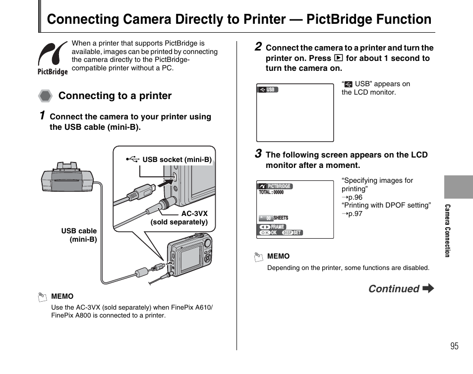 Connecting to a printer, Continued q | FujiFilm FinePix A800 User Manual | Page 95 / 164