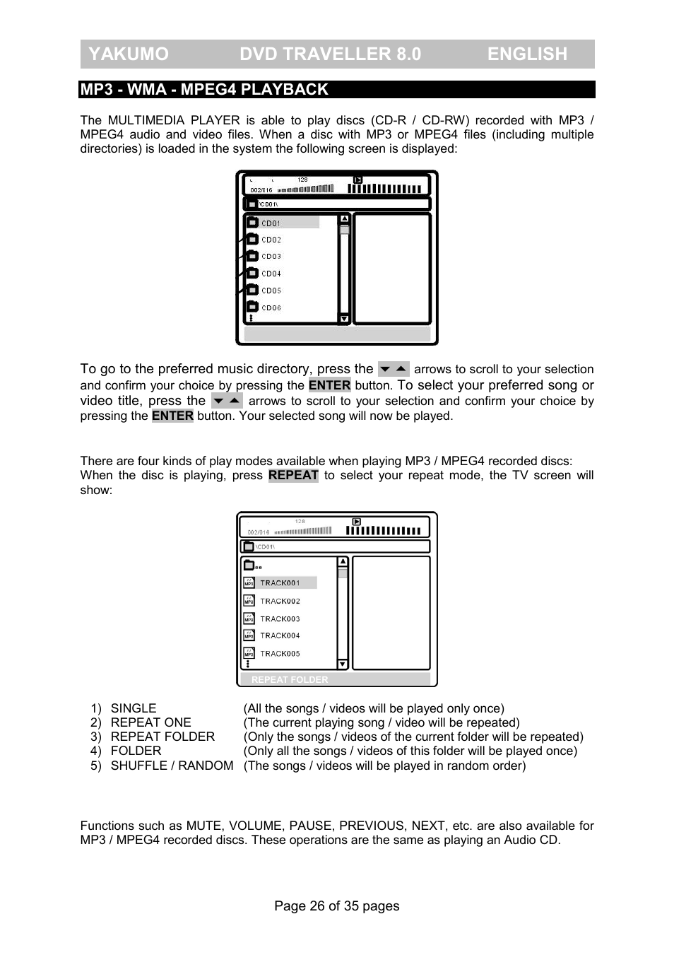 Yakumo dvd traveller 8.0 english, Mp3 - wma - mpeg4 playback | FujiFilm Yakumo DVD Travelle User Manual | Page 30 / 40