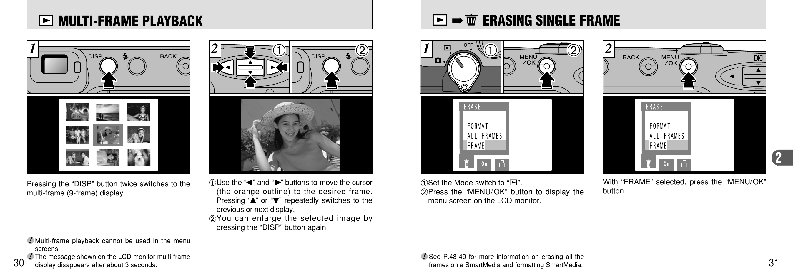 Multi-frame playback, Erasing single frame, 12 d multi-frame playback | D➡n erasing single frame | FujiFilm 2400 User Manual | Page 16 / 43