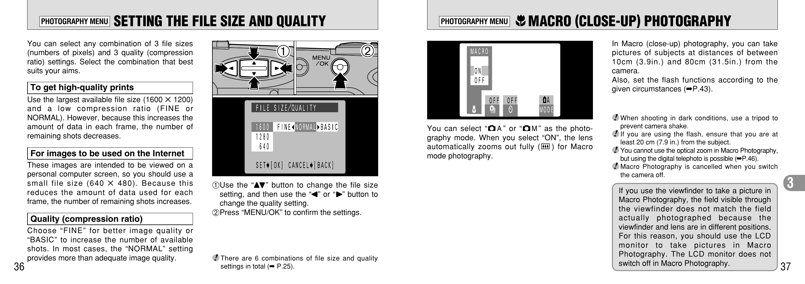 Setting the file size and quality, Macro (close-up) photography, Photography | P.37), Macro, Macro (➡p.37), Setting, P.36), I macro (close-up) photography | FujiFilm 2400 User Manual | Page 19 / 43