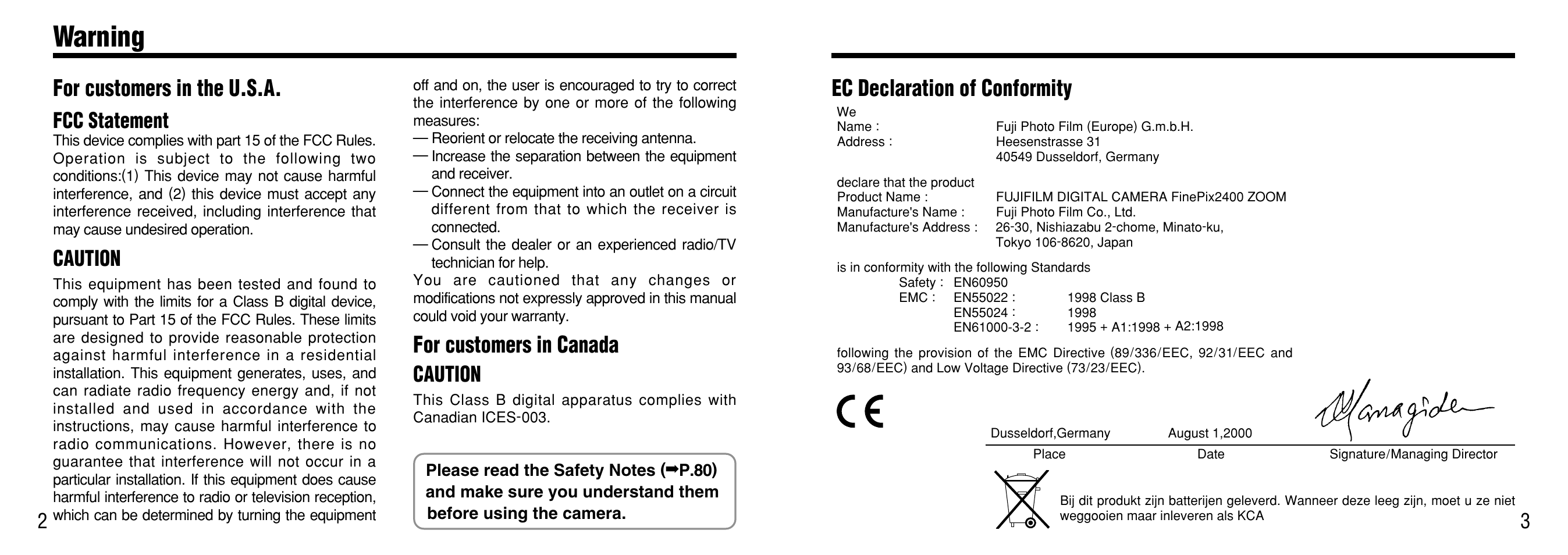 Warning, Ec declaration of conformity, For customers in the u.s.a | For customers in canada, Fcc statement, Caution | FujiFilm 2400 User Manual | Page 2 / 43