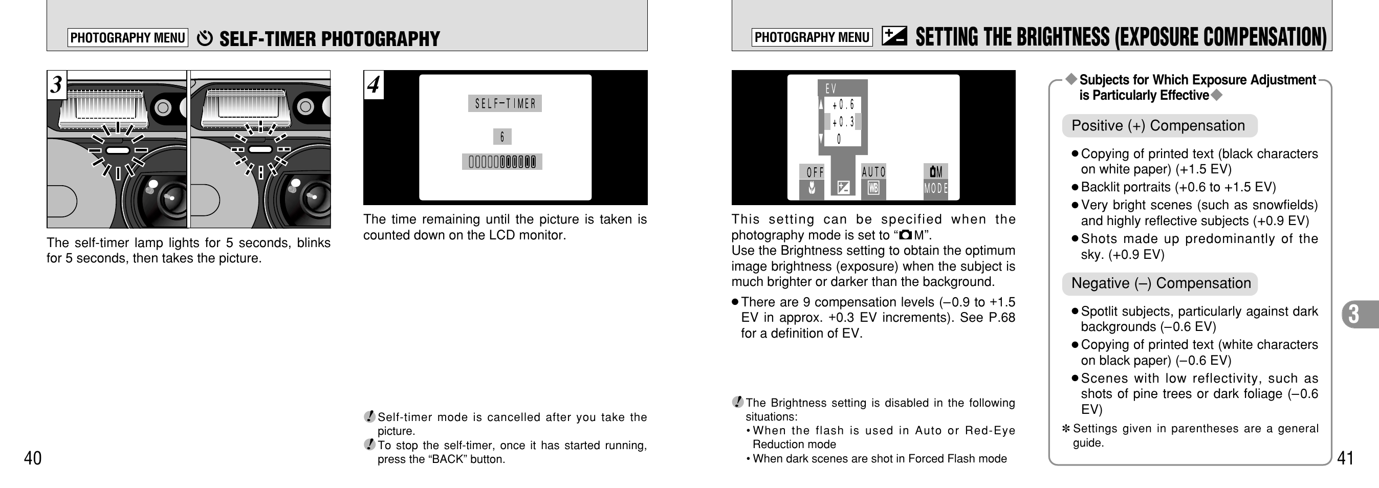 Setting the brightness (exposure compensation), Setting the brightness, Exposure compensation) | P.40), P.41), P.41), and, G setting the brightness (exposure compensation), B self-timer photography | FujiFilm 2400 User Manual | Page 21 / 43