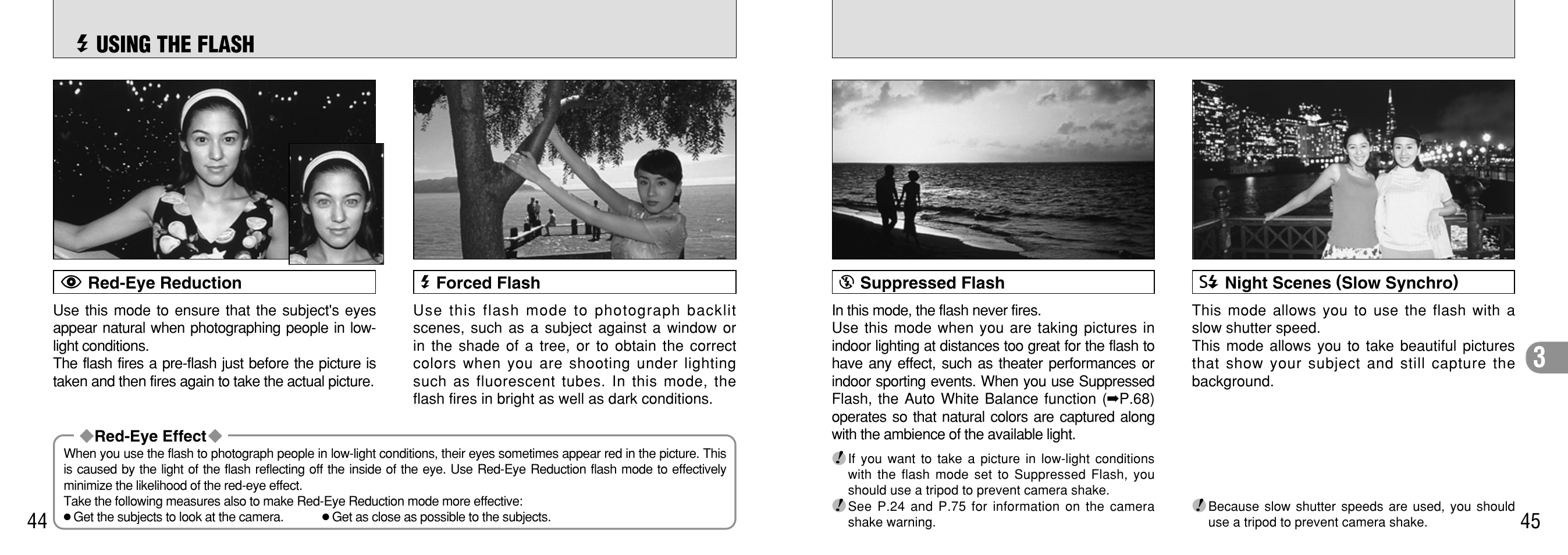 Red-eye reduction, Forced flash, Suppressed flash | Night scenes (slow synchro), F using the flash | FujiFilm 2400 User Manual | Page 23 / 43