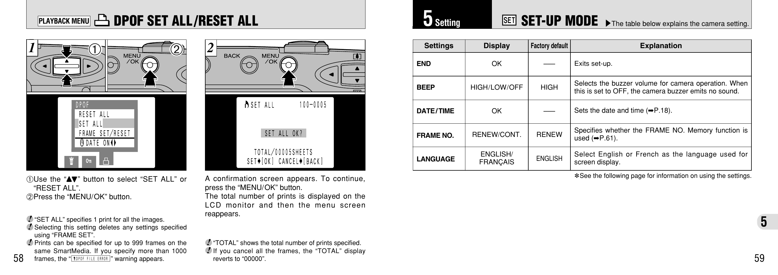 Dpof set all/reset all, 5 setting, Set-up mode | Dpof set all /reset all, Graphy settings, P.59), F set-up mode, R dpof set all/reset all | FujiFilm 2400 User Manual | Page 30 / 43