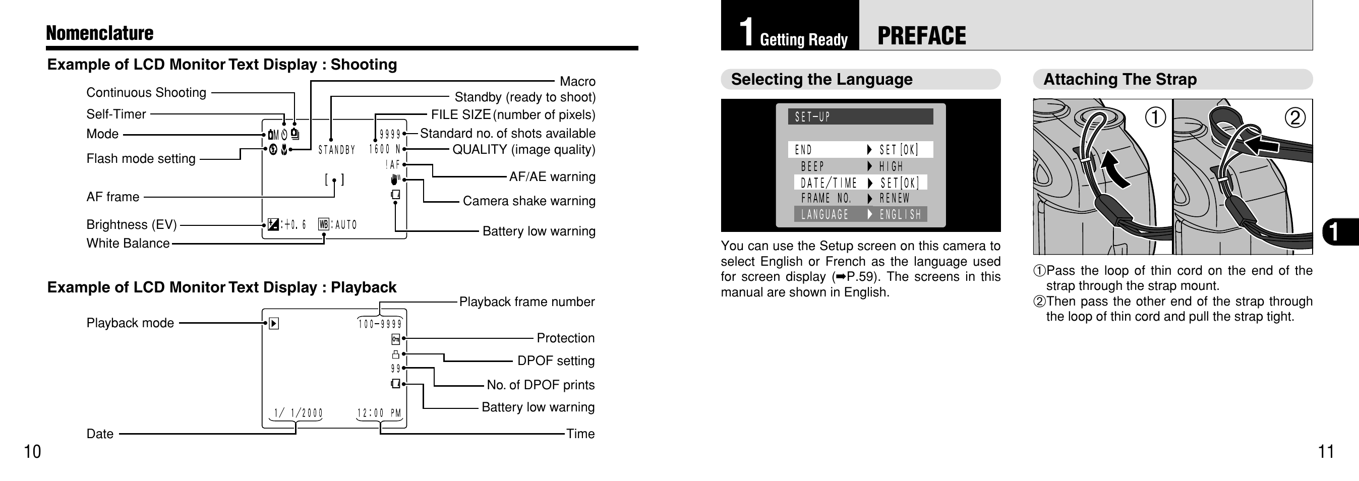 1getting ready, Preface, Selecting the language | Attaching the strap, Ap mount (p.11) | FujiFilm 2400 User Manual | Page 6 / 43