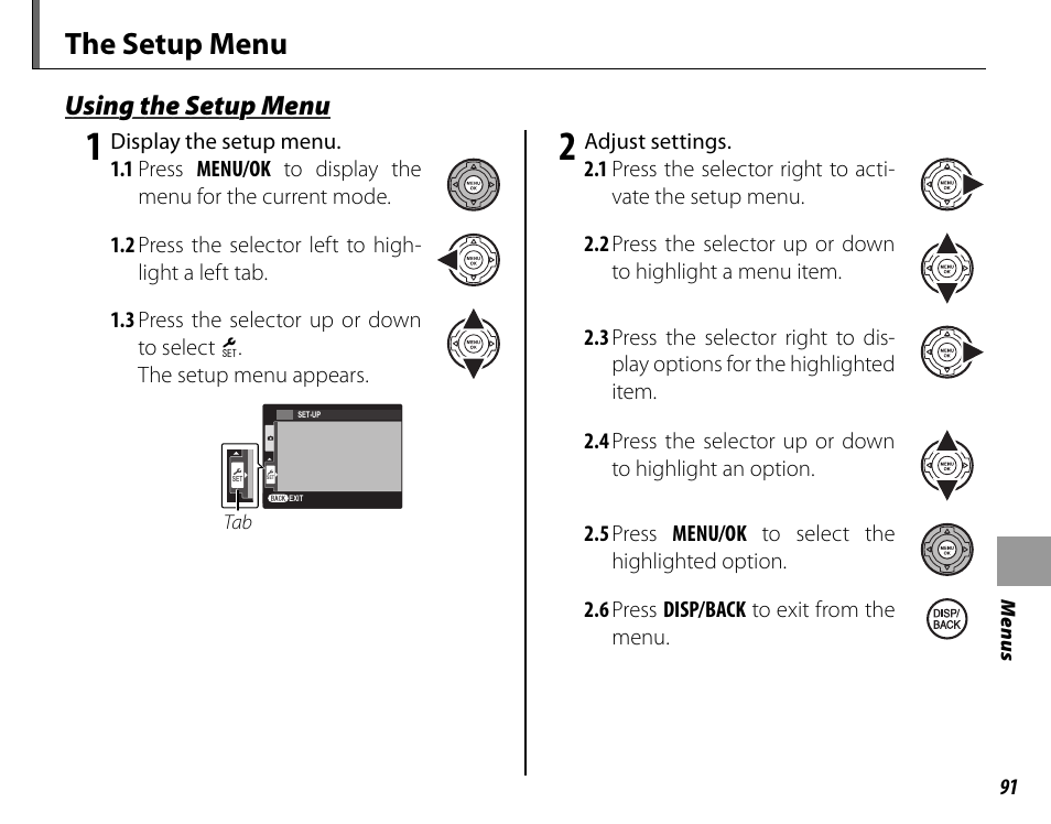 The setup menu, Using the setup menu | FujiFilm FinePix HS20EXR User Manual | Page 103 / 136