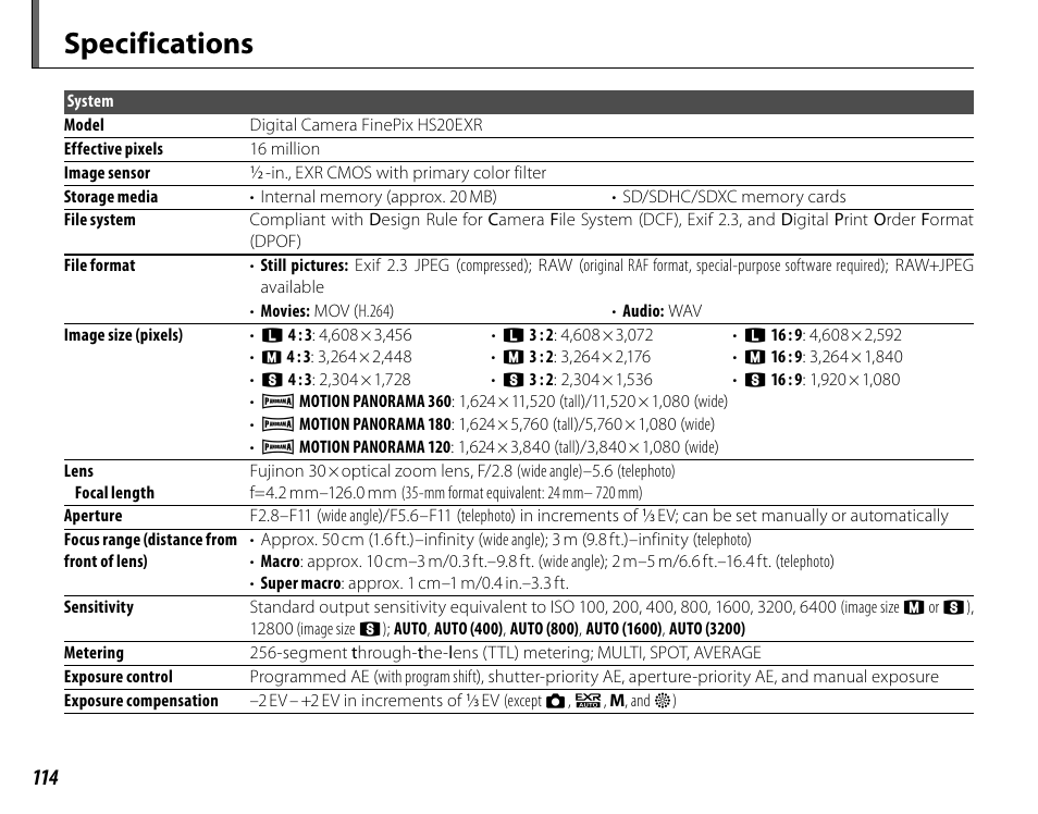 Specifications | FujiFilm FinePix HS20EXR User Manual | Page 126 / 136