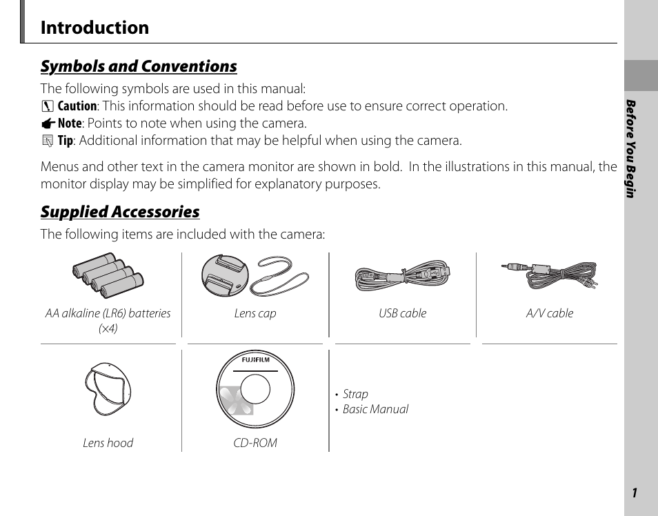 Introduction, Symbols and conventions, Supplied accessories | FujiFilm FinePix HS20EXR User Manual | Page 13 / 136