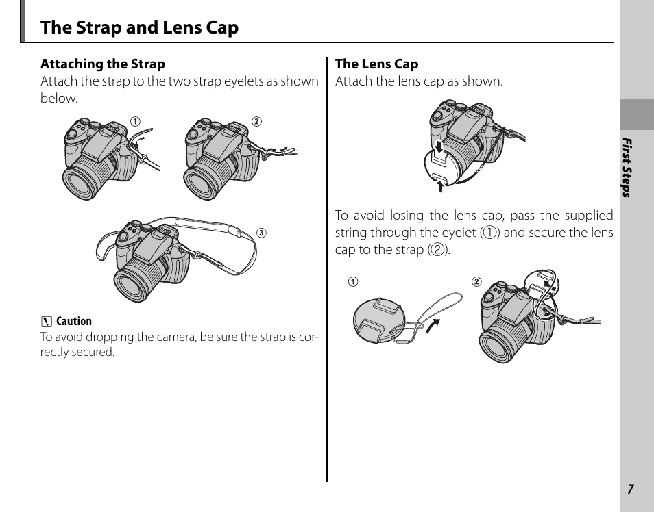 The strap and lens cap | FujiFilm FinePix HS20EXR User Manual | Page 19 / 136