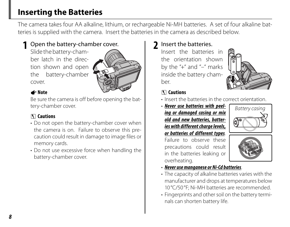 Inserting the batteries | FujiFilm FinePix HS20EXR User Manual | Page 20 / 136