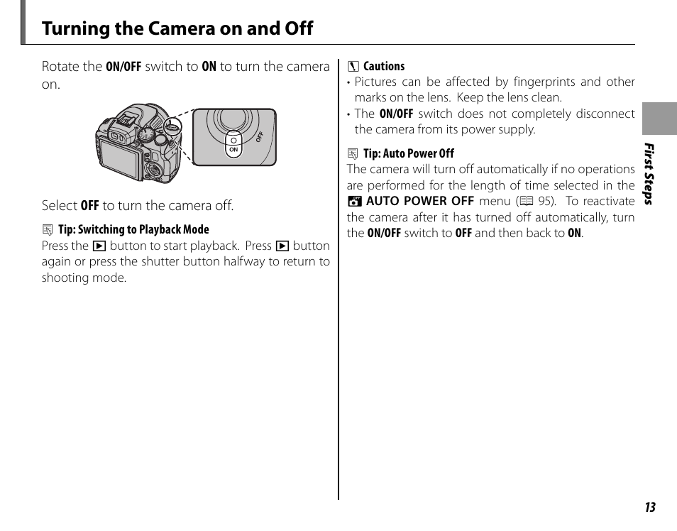 Turning the camera on and off | FujiFilm FinePix HS20EXR User Manual | Page 25 / 136