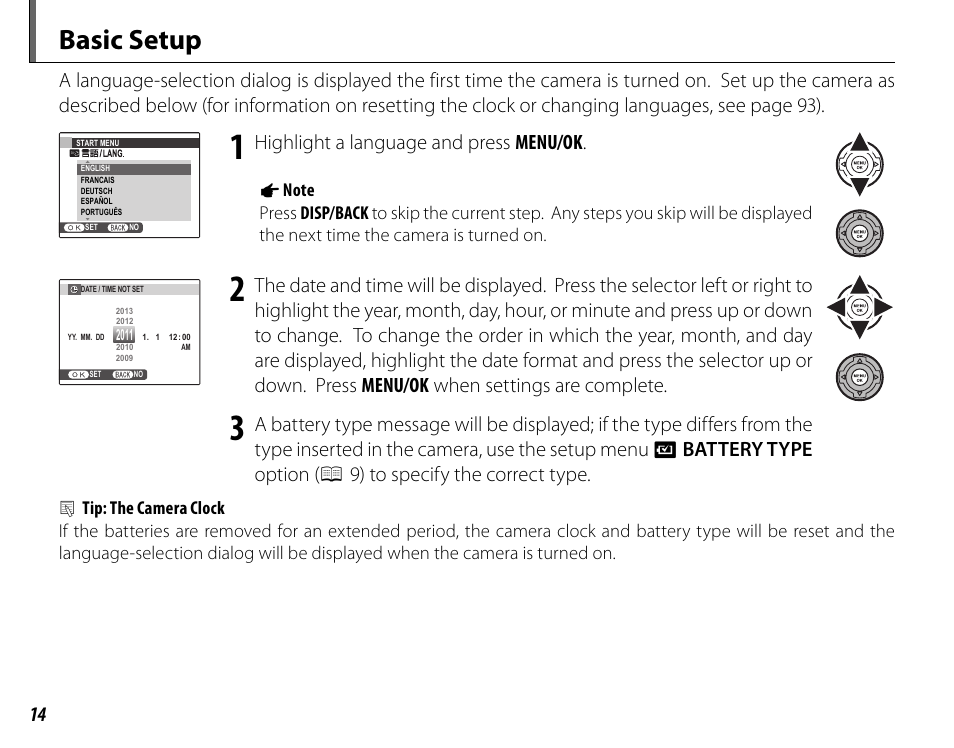 Basic setup, Highlight a language and press menu/ok | FujiFilm FinePix HS20EXR User Manual | Page 26 / 136