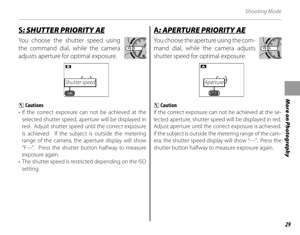 Ss : shutter priority ae : shutter priority ae, Aa : aperture priority ae : aperture priority ae | FujiFilm FinePix HS20EXR User Manual | Page 41 / 136