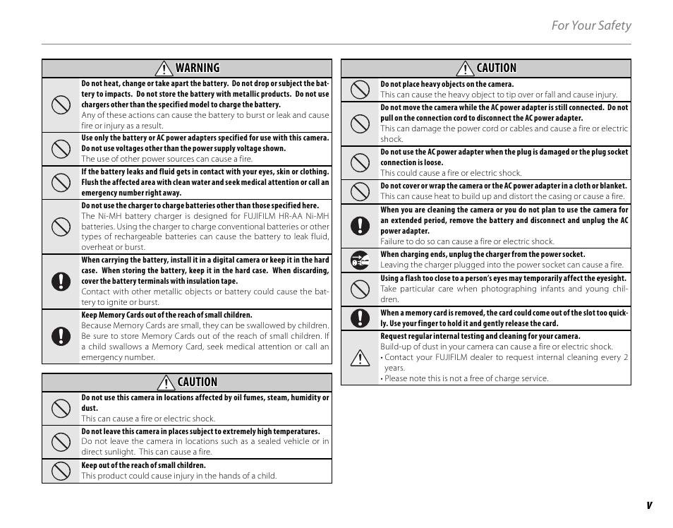 For your safety warning warning, Caution | FujiFilm FinePix HS20EXR User Manual | Page 5 / 136