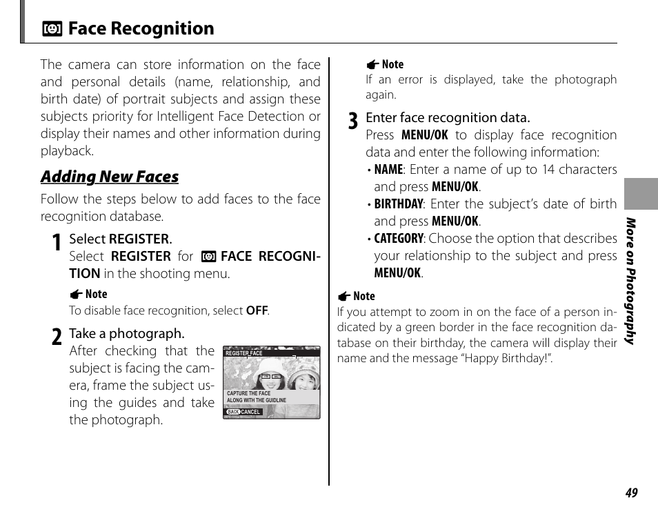 N face recognition, Adding new faces | FujiFilm FinePix HS20EXR User Manual | Page 61 / 136