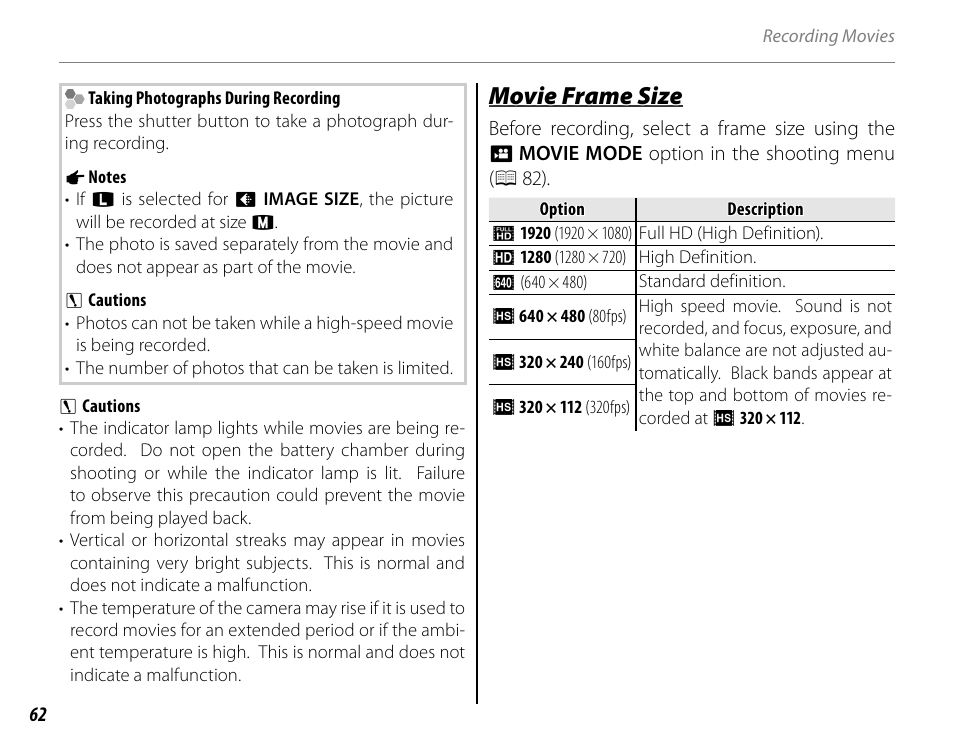 Movie frame size | FujiFilm FinePix HS20EXR User Manual | Page 74 / 136