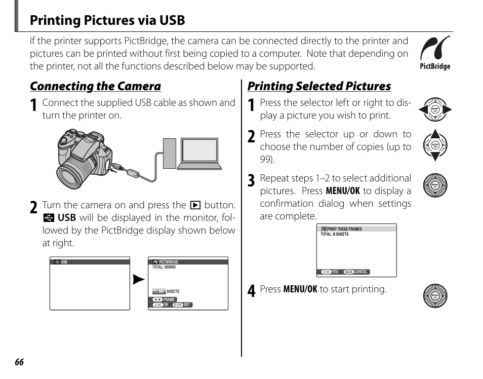 Printing pictures via usb, Connecting the camera, Printing selected pictures | FujiFilm FinePix HS20EXR User Manual | Page 78 / 136