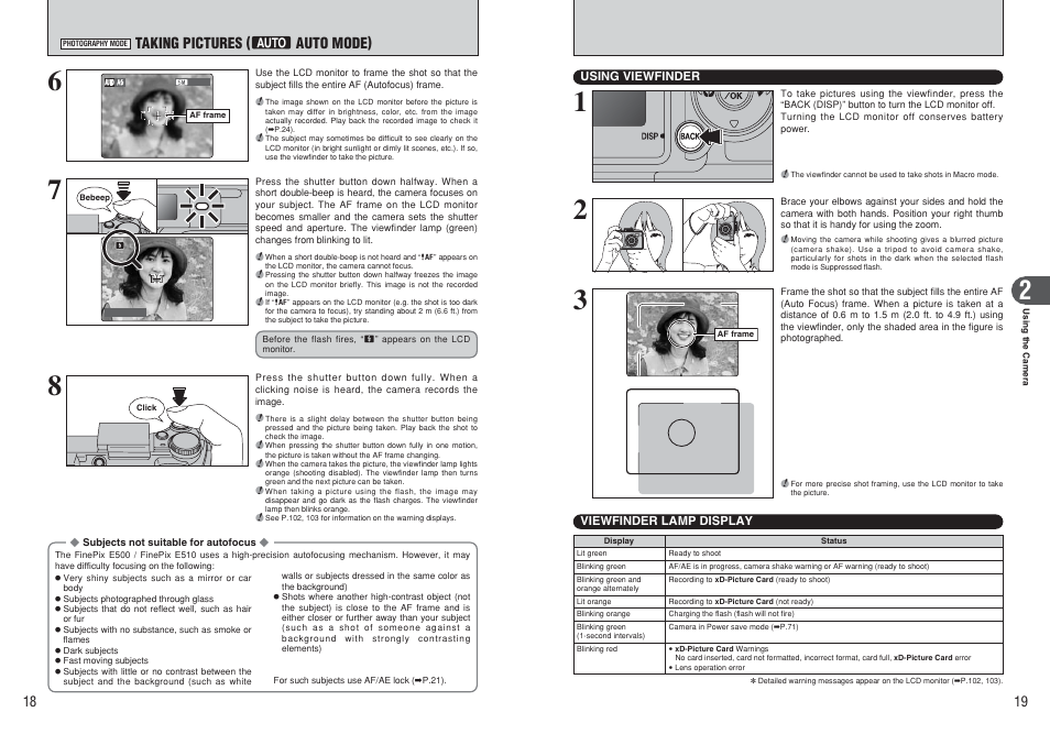 Taking pictures ( b auto mode) | FujiFilm FinePix E500 User Manual | Page 10 / 59