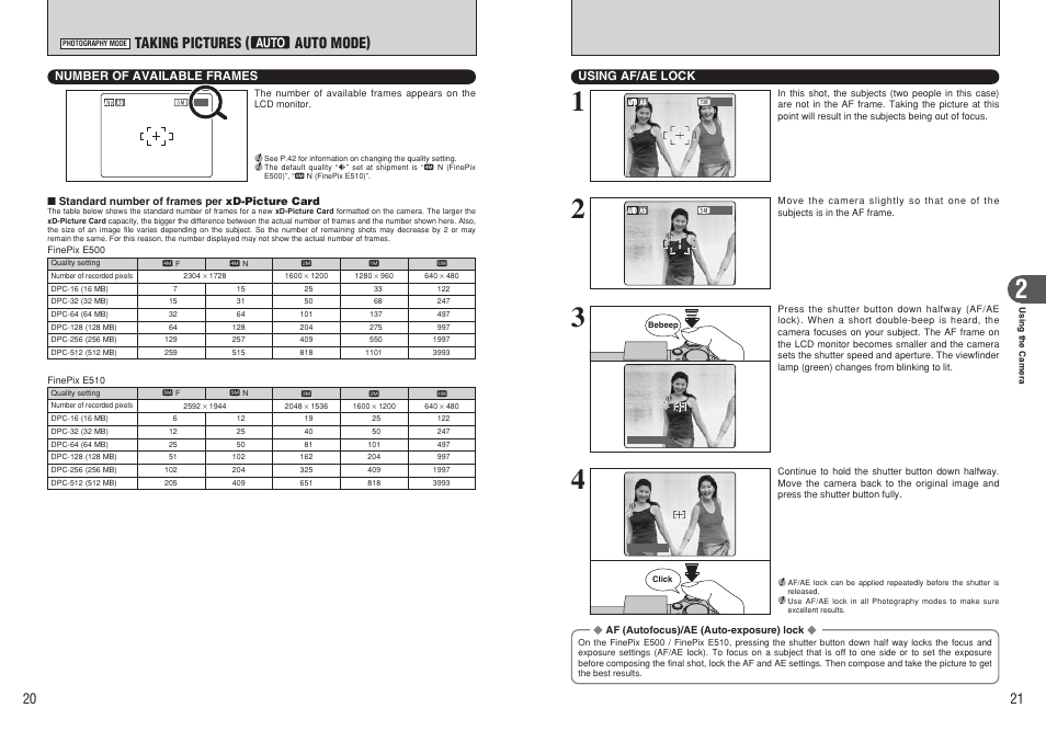 Taking pictures ( b auto mode) | FujiFilm FinePix E500 User Manual | Page 11 / 59