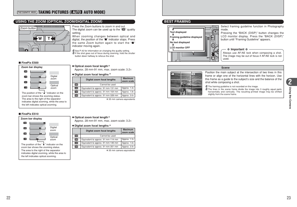 Taking pictures ( b auto mode) | FujiFilm FinePix E500 User Manual | Page 12 / 59