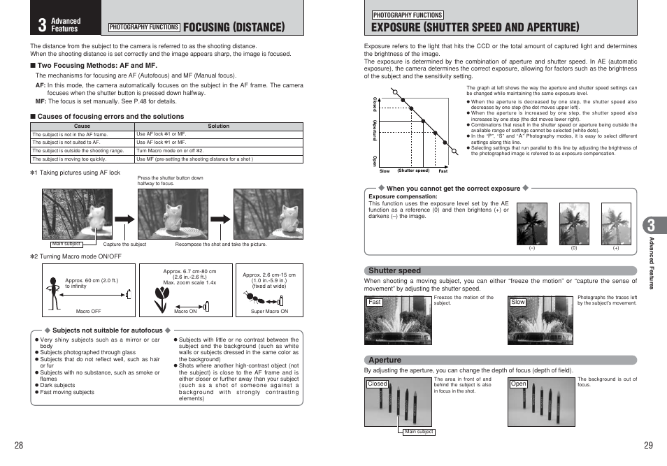 Exposure (shutter speed and aperture), Focusing (distance) | FujiFilm FinePix E500 User Manual | Page 15 / 59