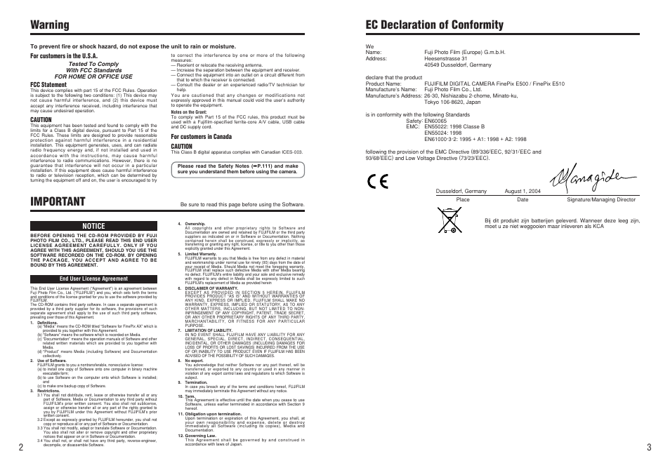 Ec declaration of conformity warning important | FujiFilm FinePix E500 User Manual | Page 2 / 59