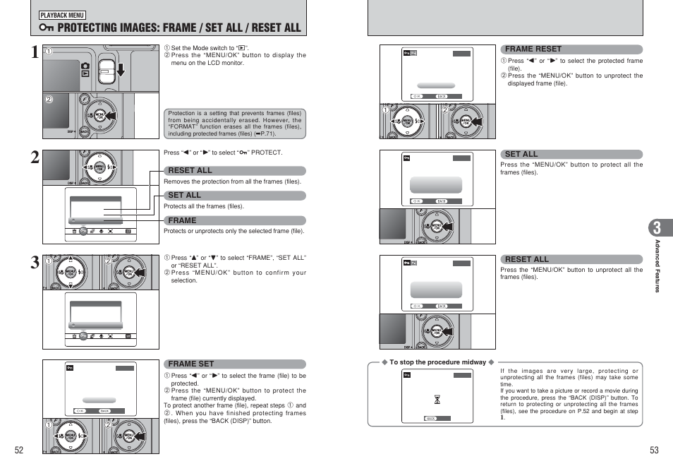 I protecting images: frame / set all / reset all | FujiFilm FinePix E500 User Manual | Page 27 / 59
