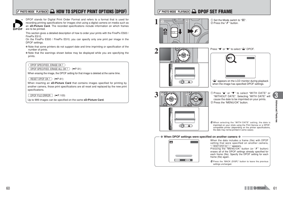 U how to specify print options (dpof), U dpof set frame | FujiFilm FinePix E500 User Manual | Page 31 / 59
